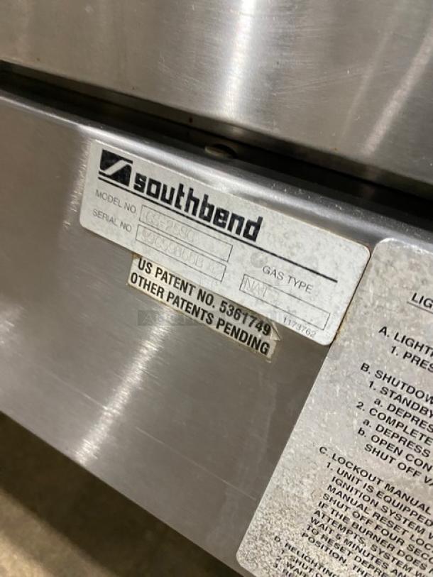 Southbend stainless steel double-stacked convection oven, model GS25SC, serial 99C59855T, natural gas, includes rack, on legs.