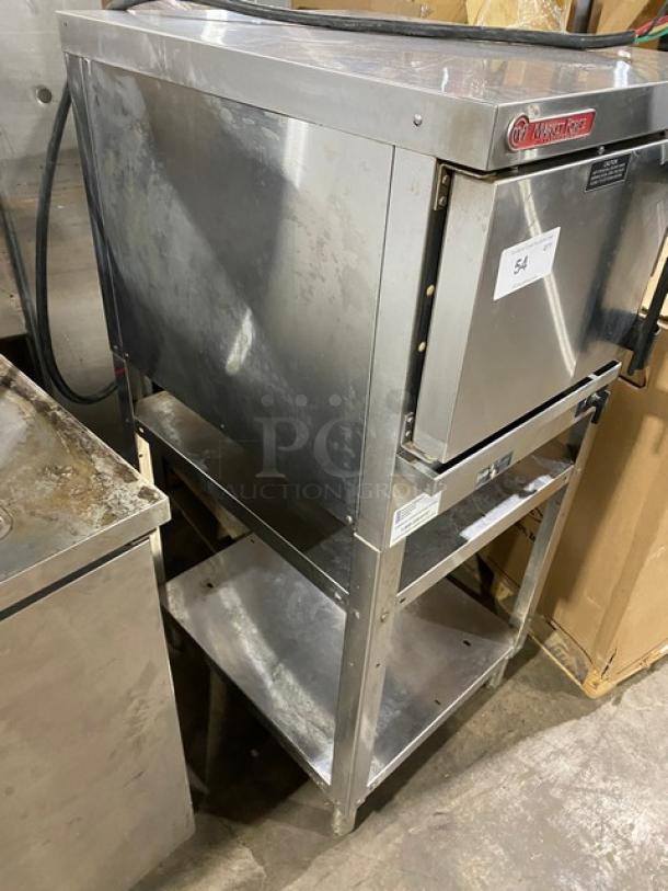 Market Forge Eco-Tech ET3E single compartment pressure steamer, stainless steel, electric 208V 3-phase, with double undershelf stand.