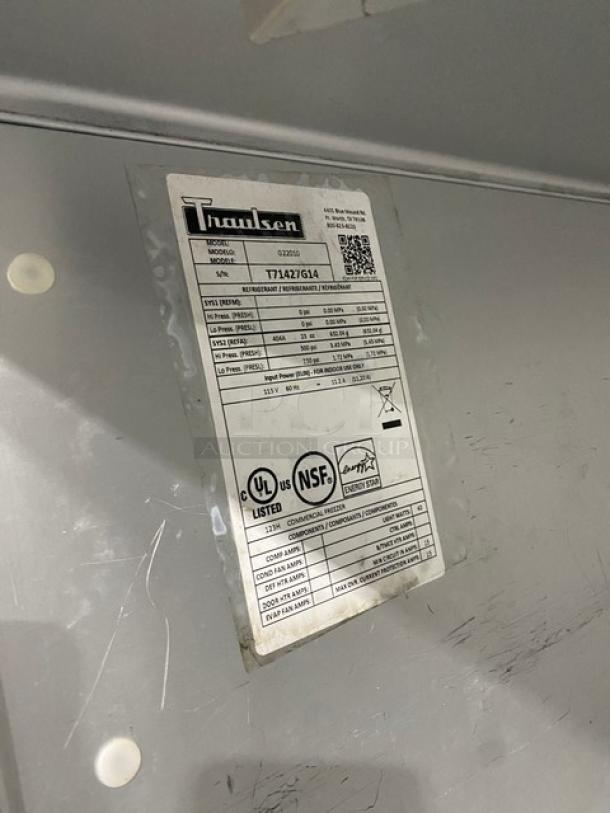 Traulsen G22010 commercial refrigerator label showing model, SN: T71427G14, UL and NSF listed.