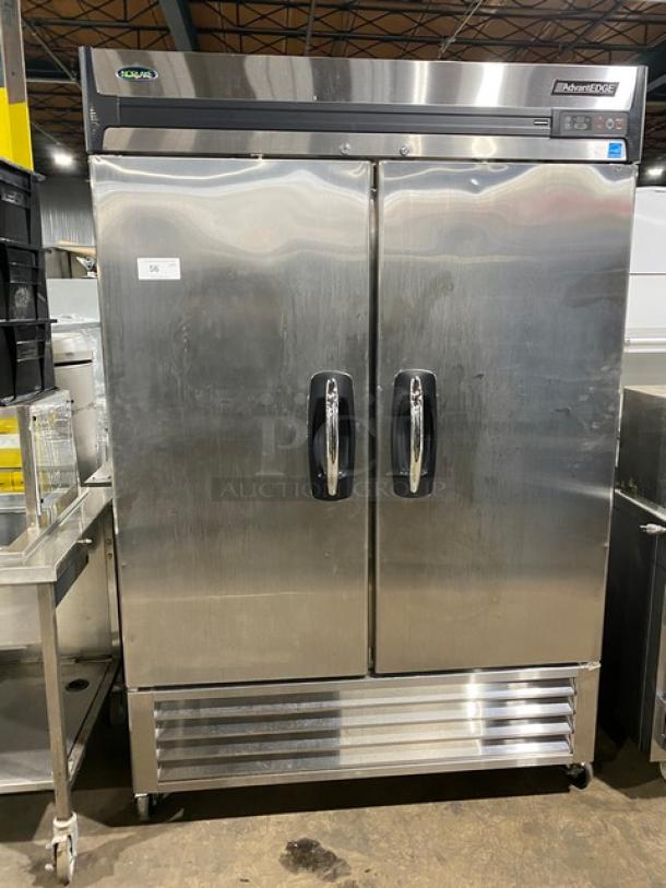 Norlake Advantedge Series R49S stainless steel 2-door commercial refrigerator, Energy Star certified, digital display, on casters.