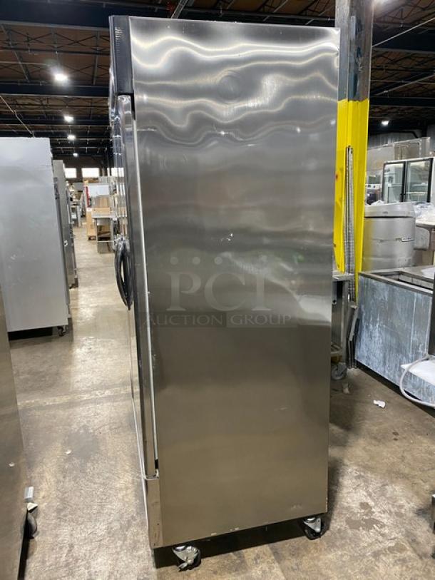 Norlake Advantedge Series 2 Door Stainless Steel Commercial Refrigerator, Model R49S, Energy Star, on casters, side view.