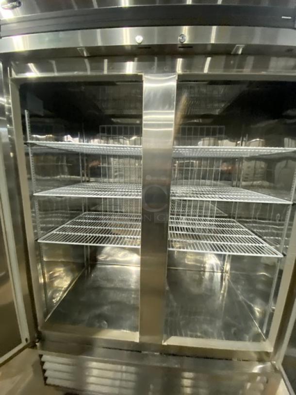 Norlake Advantedge R49S stainless steel 2-door refrigerator, digital display, poly-coated racks, on casters, Energy Star certified.