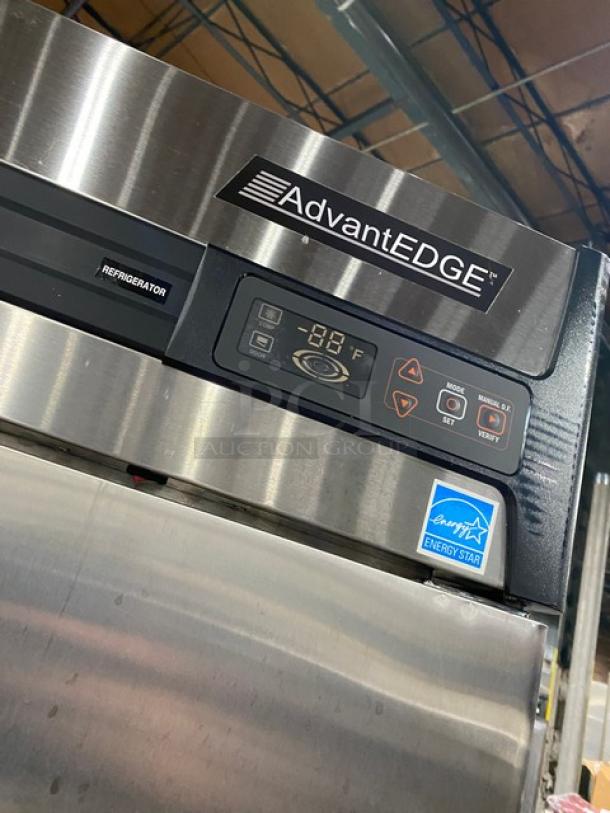 Norlake Advantedge R49S stainless steel 2-door refrigerator. Energy Star certified, digital display, poly-coated racks, on casters.