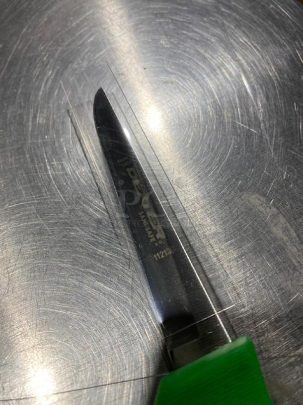 Dexter Russell 11213G Sani-Safe Poultry Deboning Knife, stainless steel blade, green grip handle, commercial quality, new condition.