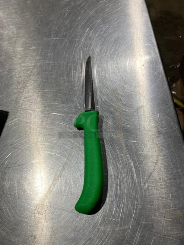 Dexter Russell Sani-Safe Series poultry deboning knife, model 11213G, with green grip handle, stainless steel blade. New condition.