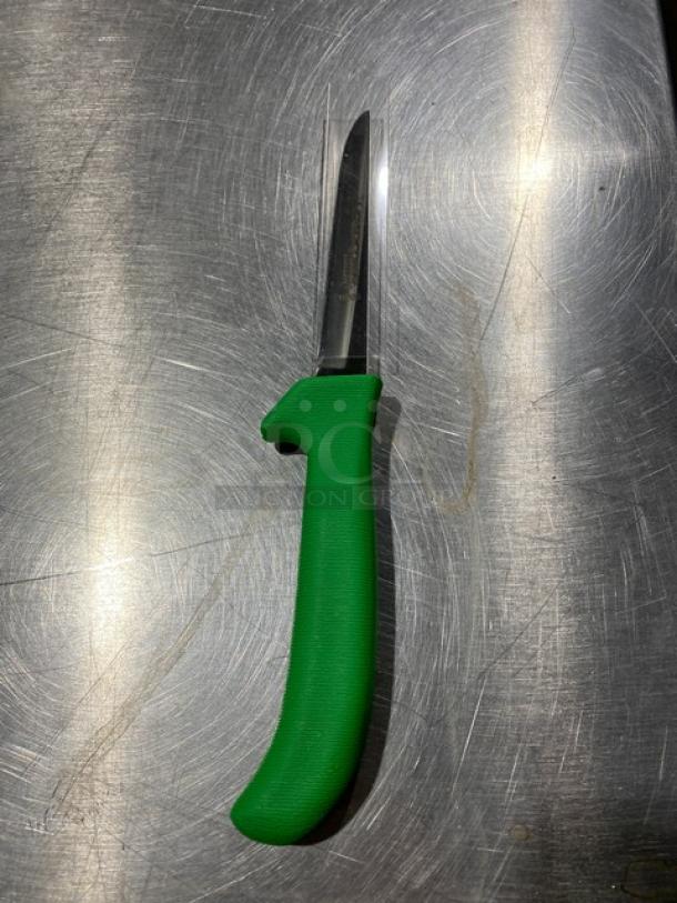 Dexter Russell Sani-Safe poultry deboning knife, Model 11213G, stainless steel, green grip handle, new condition.