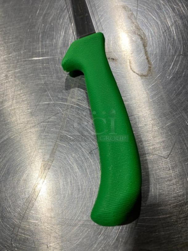 Dexter Russell Sani-Safe stainless steel poultry deboning knife, model 11213G, with green grip handle, new condition.