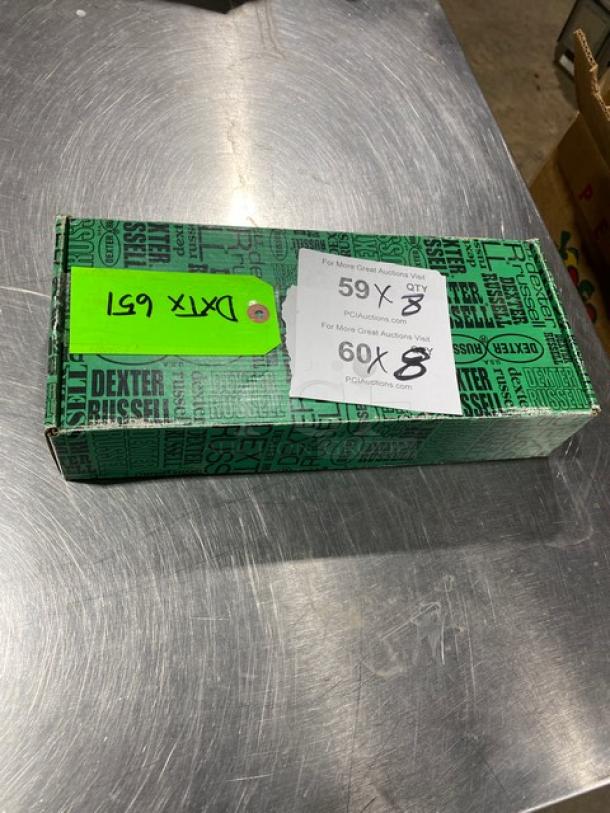 Dexter Russell EP156HG deboning knife box, green with brand logo, auction labels, new condition. Blue grip handle.