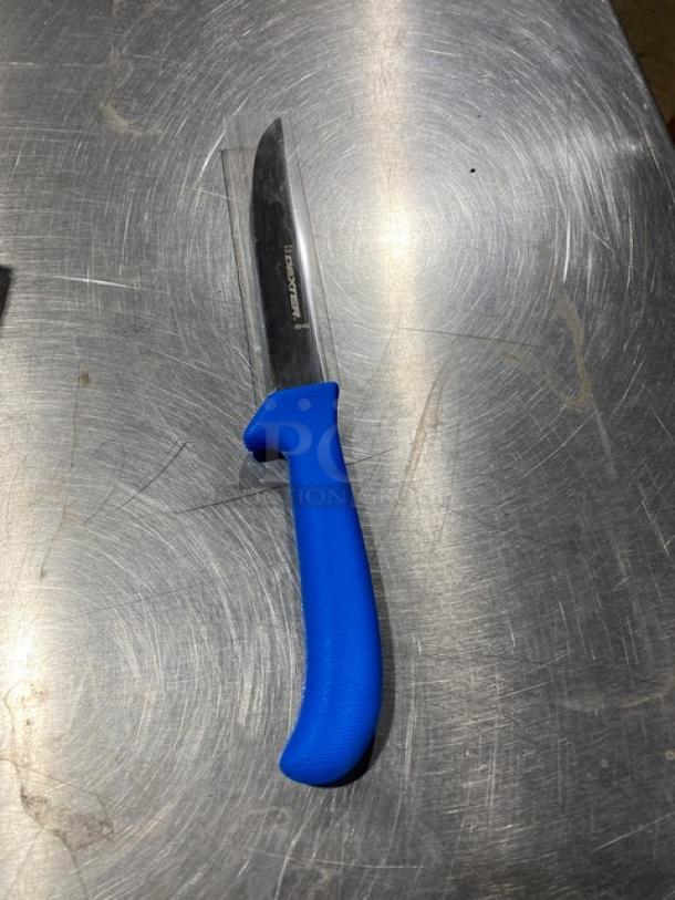 Dexter Russell Sani-Safe EP156HG deboning knife with stainless steel hollow ground blade, blue grip handle, new condition.
