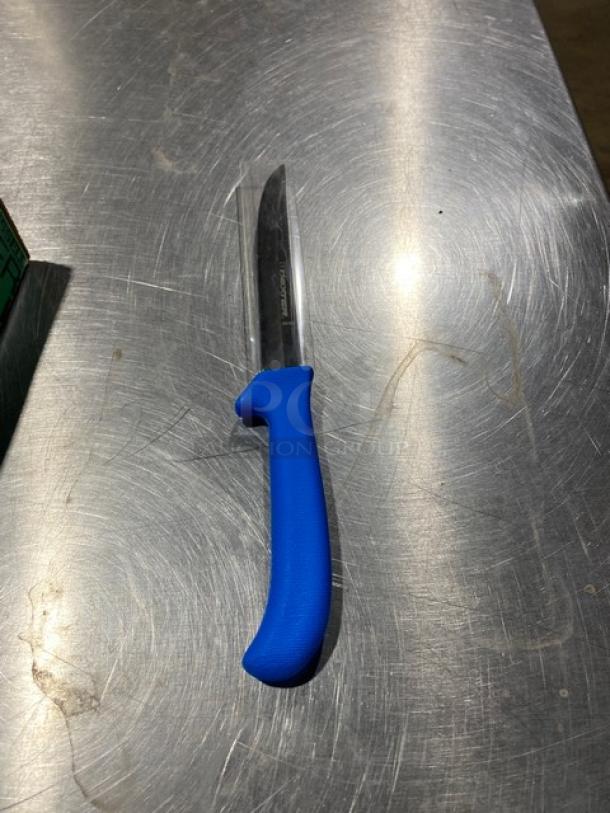 Dexter Russell Sani-Safe EP156HG deboning knife, stainless steel blade, blue grip handle, hollow ground, new condition.