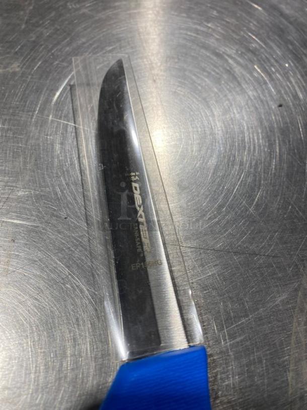 Dexter Russell Sani-Safe EP156HG deboning knife, stainless steel blade, blue handle, new condition, in packaging.