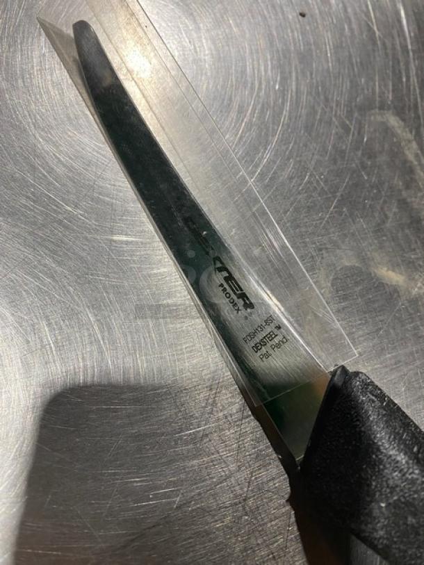 Dexter Russell Prodex Series boning knife, model PDSH131-6ST. Stainless steel blade, semi-flex, black grip handle. New condition.