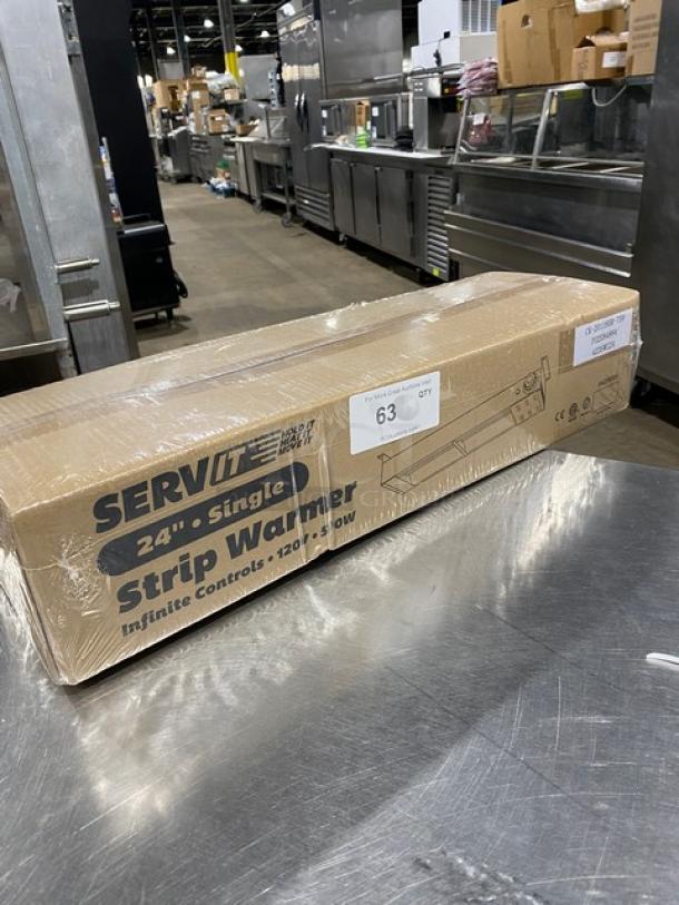 Servit 423SWI24 24" Single Strip Warmer, new in box, features infinite controls, 120V, model marking visible on packaging.