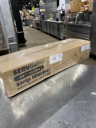 Servit 423SWI24 24" Single Strip Warmer, new in box, features infinite controls, 120V, model marking visible on packaging.