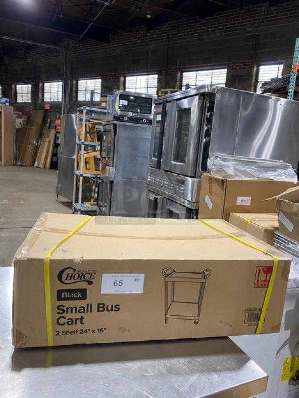 Choice Commercial Black 2 Shelf Small Bus Cart, Model 109CARTBS2BK, new in box, dimensions 24"x16", ideal for kitchens.