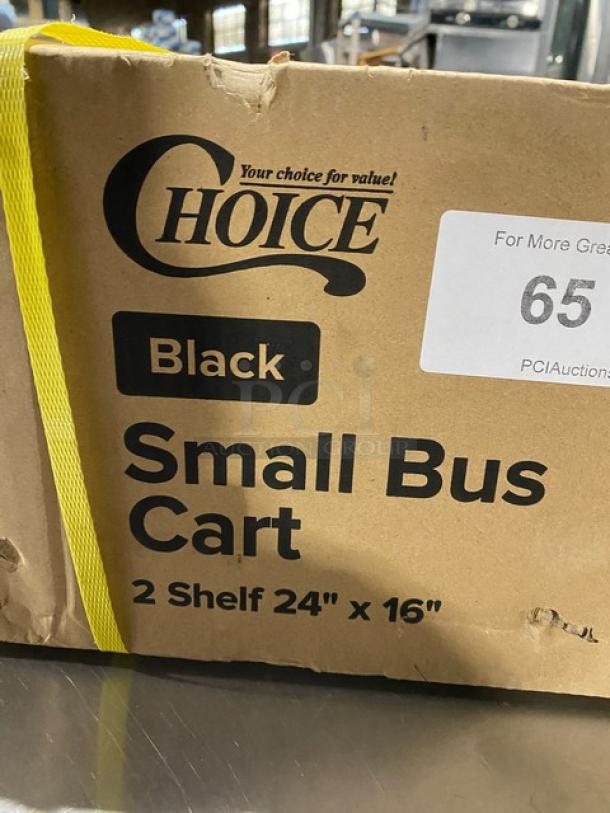 Choice Commercial Black 2 Shelf Small Bus Cart, 24"x16", new in box. Model 109CARTBS2BK with manufacturer's labeling.