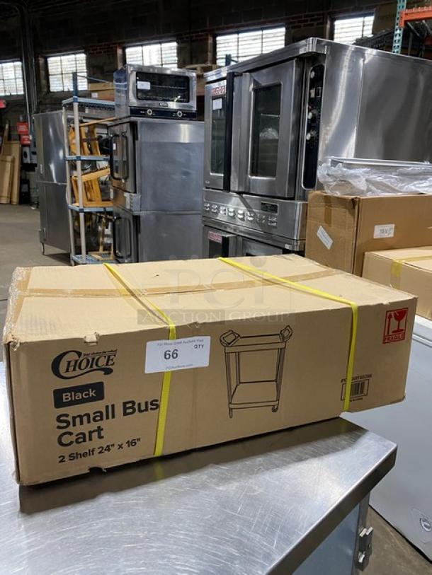 Choice commercial black 2-shelf bus cart, model 109CARTBS2BK, new in box, 24"x16", suitable for material transport.