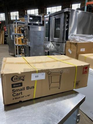 Choice commercial black 2-shelf bus cart, model 109CARTBS2BK, new in box, 24"x16", suitable for material transport.