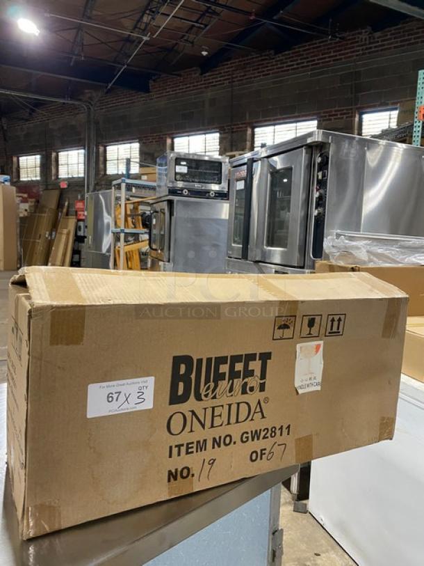 Box of new Oneida Buffet Euro Series glassware, model GW2811, in original packaging, marked "67X3" and "GW2811".