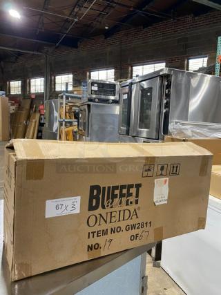 Box of new Oneida Buffet Euro Series glassware, model GW2811, in original packaging, marked "67X3" and "GW2811".