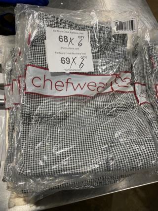 NEW Chefwear CW11 chef pants, black & white pattern. Packaged, new condition. Visible label with logo and auction details.