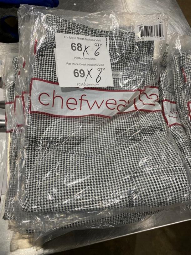 Chefwear CW11 chef pants, black and white checkered, new in packaging. Visible tags indicate model and auction information.