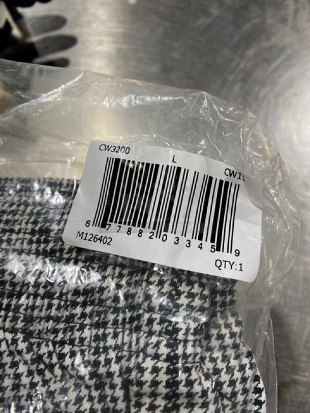 New Chefwear CW11 black and white chef pants in packaging, size large. Barcode: CW3200. Quantity: 1.