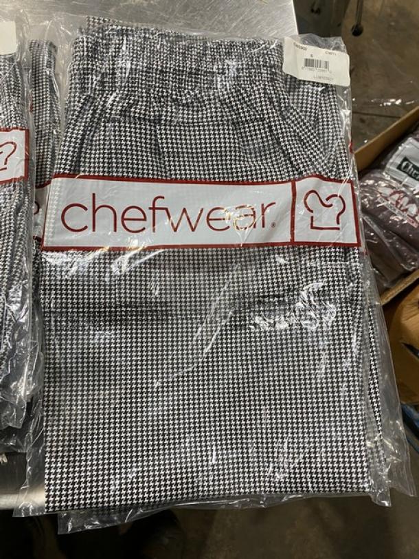 NEW Chefwear CW3900 chef pants, black & white, size small, in original packaging, commercial grade, enhanced bid value.