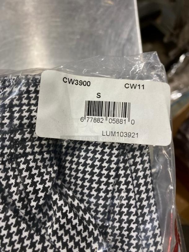 Chefwear CW3900 small-size chef pants, black & white, new in packaging. Label shows model and barcode.