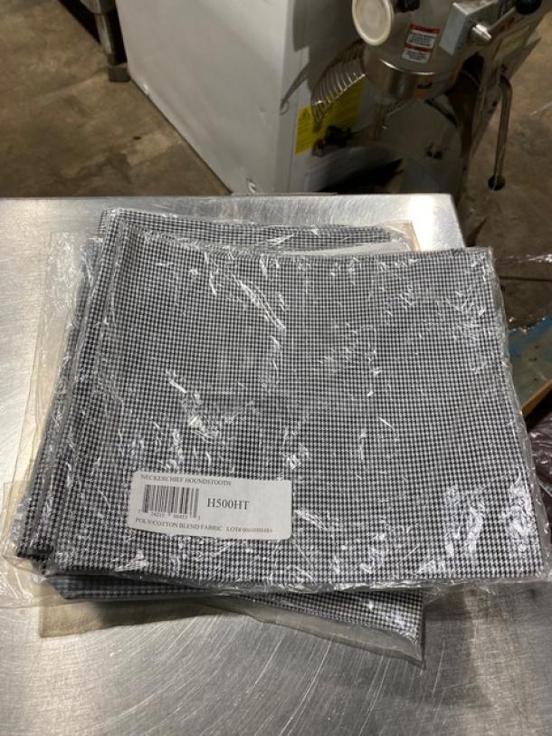 San Jamar black & white poly/cotton neckerchiefs, model H500HT, new in packaging. Lot identification visible.