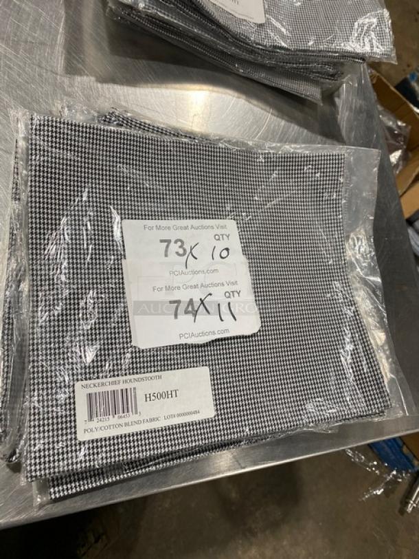 San Jamar H500HT neckerchief, black & white poly/cotton blend, new in packaging, houndstooth pattern, model label visible.