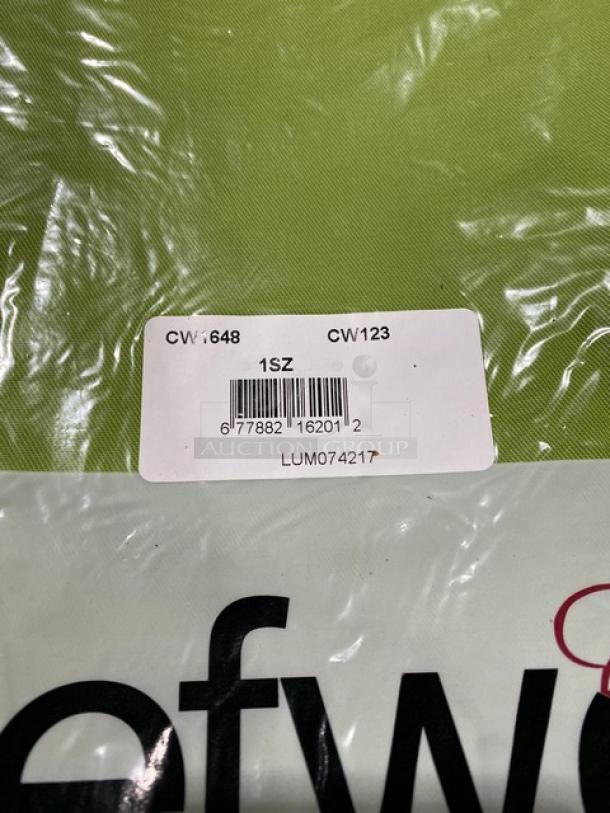 Chefwear green apron, model CW1648, new in packaging. One size fits all. Barcode and item codes visible on label.