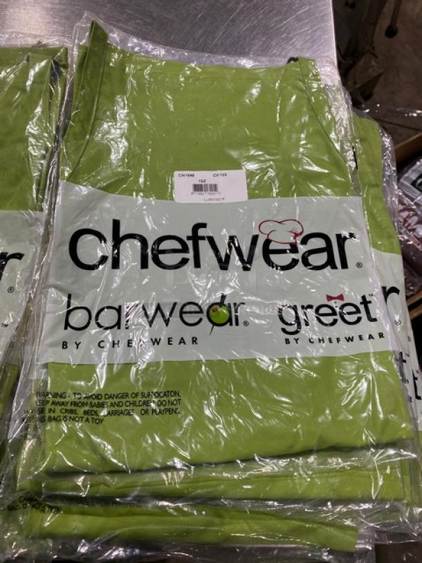 Chefwear green bar/chef apron, model CW1648, new in packaging with brand and model tags visible.