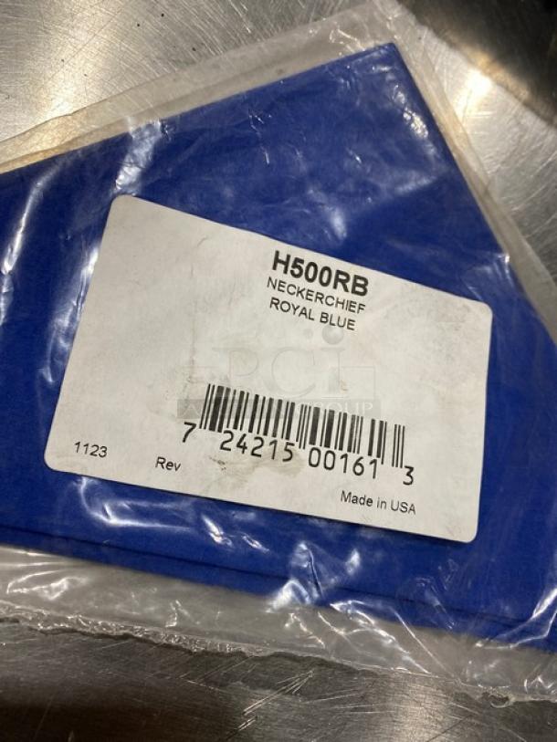NEW Chef Revival H500RB royal blue neckerchief, poly-cotton blend, 33", in sealed packaging. Tag: Made in USA.