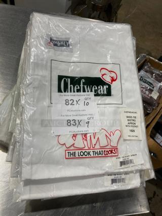 Chefwear commercial white cotton apron, model 1620-40, wide-tie bistro style with pocket, new condition.