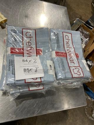 Chefwear white and light blue striped waist aprons, model CW1679CW134, new with pocket, packaged in plastic, includes tags.