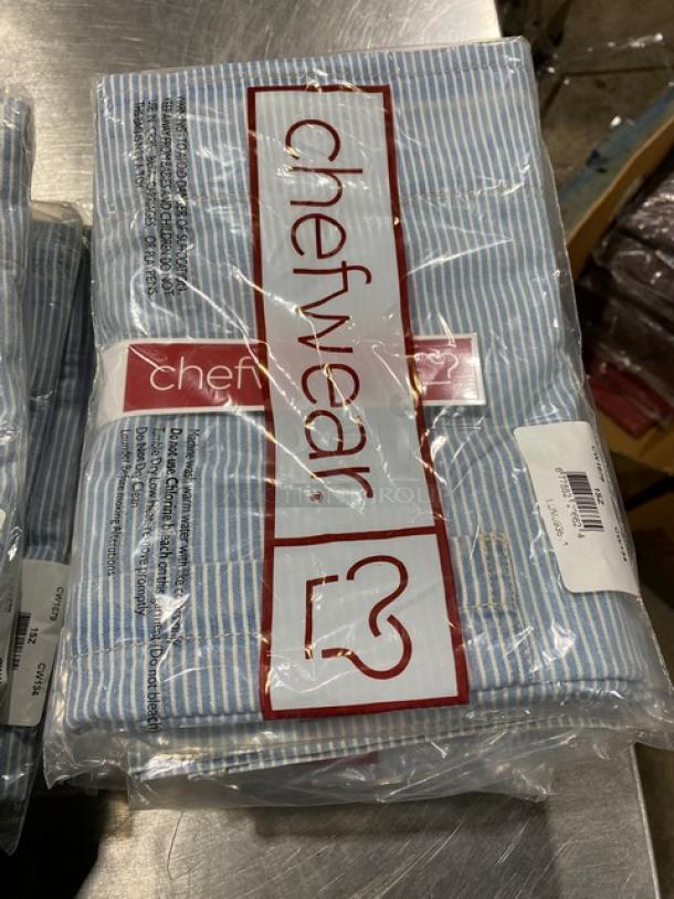 Chefwear white and light blue striped waist apron, model CW1679-CW134, new in package with pocket.