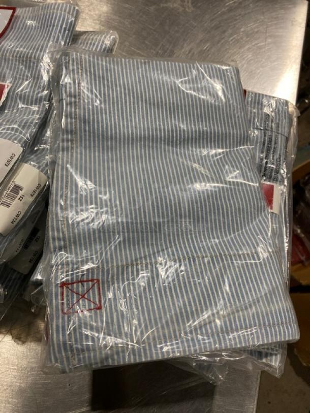 Chefwear white and light blue striped waist apron, model CW1679CW134, new in packaging with pocket and one-size fit.