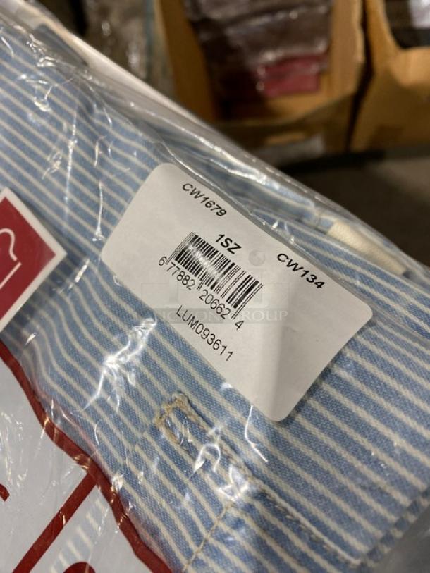 Chefwear white and light blue striped waist apron, model CW1679-CW134, with pocket and barcode tag visible.