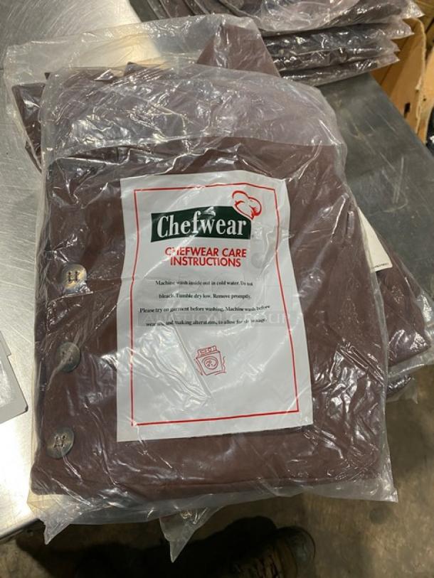 Chefwear Premier Series brown women's crossover jacket, size 3X, model 5240. New, in packaging with care instructions visible.
