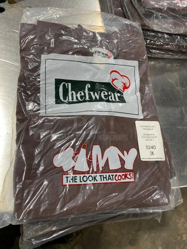 NEW Chefwear Premier Series brown women's crossover jacket, 3X size, Model 5240. Packaged, brand and logo visible.