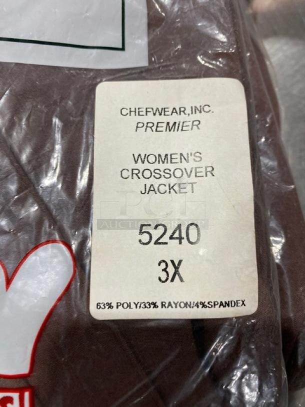 NEW Chefwear Premier Series Women's Crossover Jacket, Model 5240, Brown, Size 3X. Material: 63% Poly, 33% Rayon, 4% Spandex.