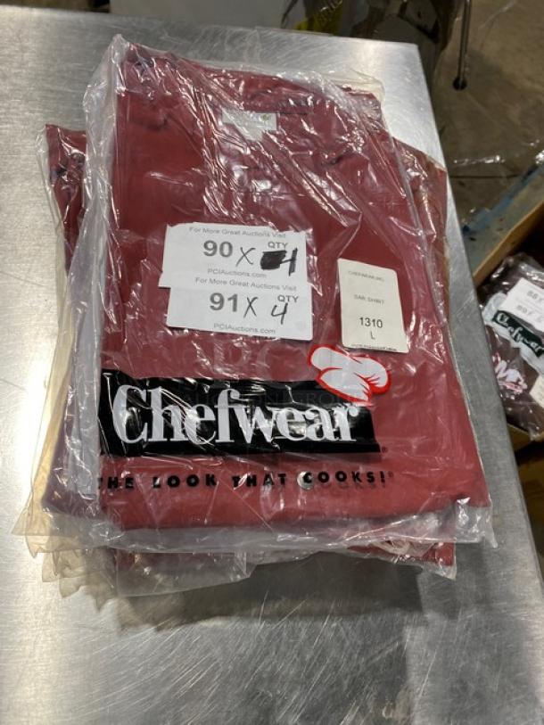 NEW Chefwear Model 1310 red poly/cotton bar shirt, size L. Sealed in packaging with branding and auction labels visible.