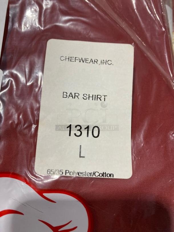 Chefwear red bar shirt, model 1310, size L, new with tag. 65/35 poly/cotton blend, commercial quality.