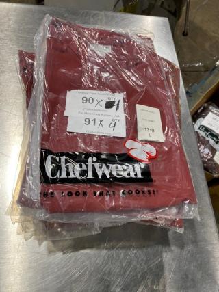 NEW Chefwear red poly/cotton blend bar shirt, model 1310, size L, in packaging. Features "Chefwear" logo.