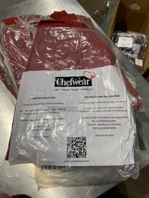 Chefwear red poly/cotton blend bar shirt, size L, model 1310, new condition, care instructions visible on packaging.