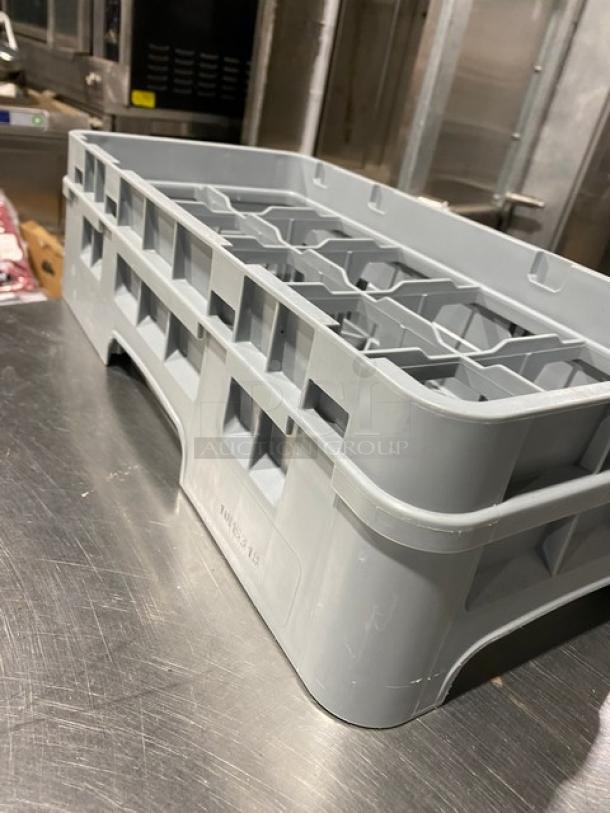 Cambro Camrack Series soft gray half-size 10-compartment cup/glass base rack, Model 10HS318, with extender, on metal surface.