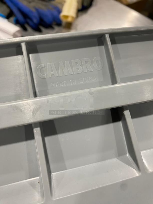 Cambro gray cup/glass base rack, Model 10HS318, 10 compartments, extender included, logo and "Made in China" marking.