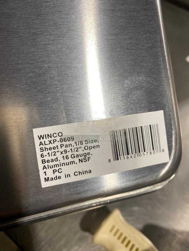 Winco ALXP-0609 aluminum 1/8-size sheet pan, 6.5"x9.5", 16 gauge, NSF certified, new condition. Made in China.
