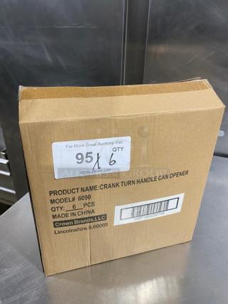 Cardboard box of 1880 Hospitality Model 6090 can openers, labeled "Crank Turn Handle Can Opener," quantity six, new condition.